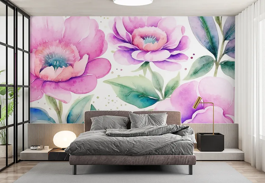پوستر دیواری 3 بعدی اتاق خواب عروس و داماد گلهای صورتی